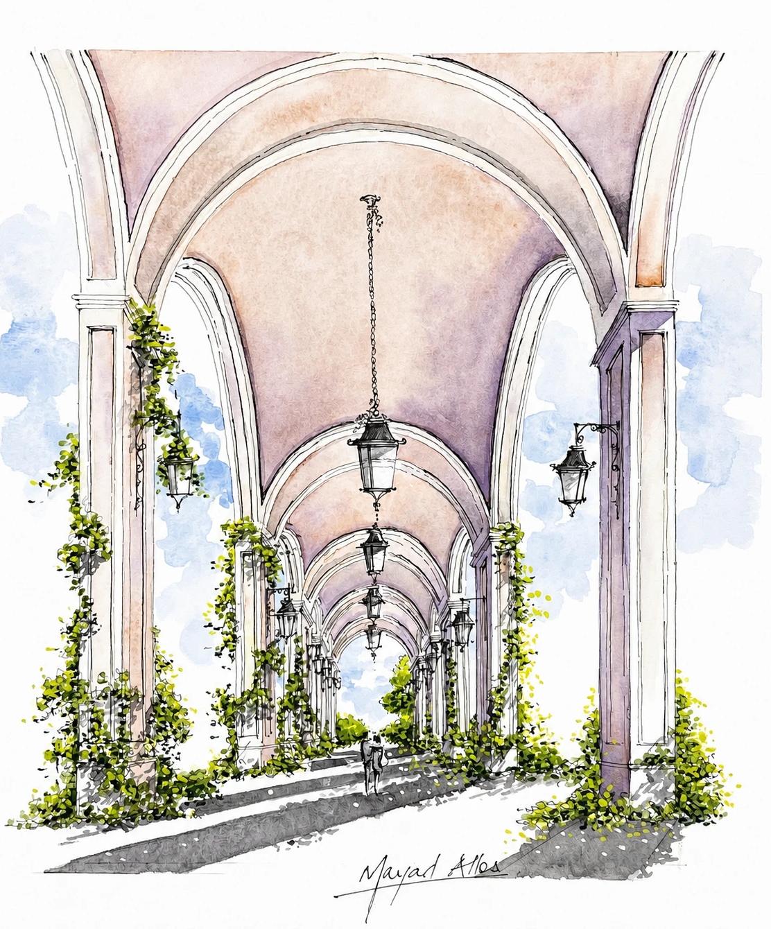 Watercolor painting of an arcade with lanterns and greenery