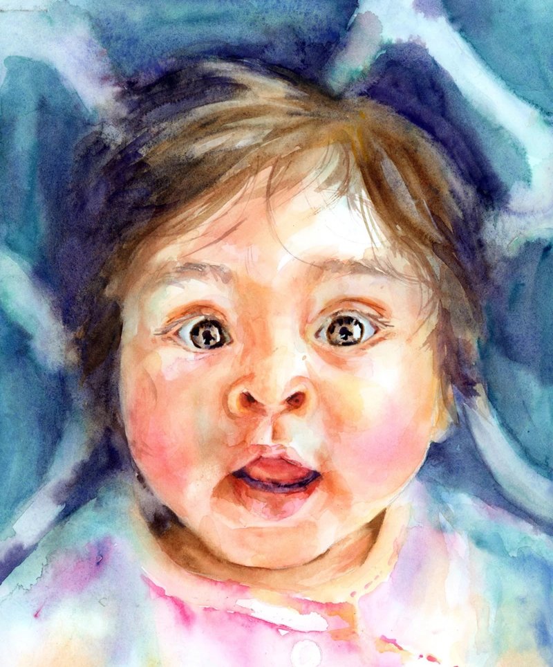 Watercolor portrait of a wide-eyed baby