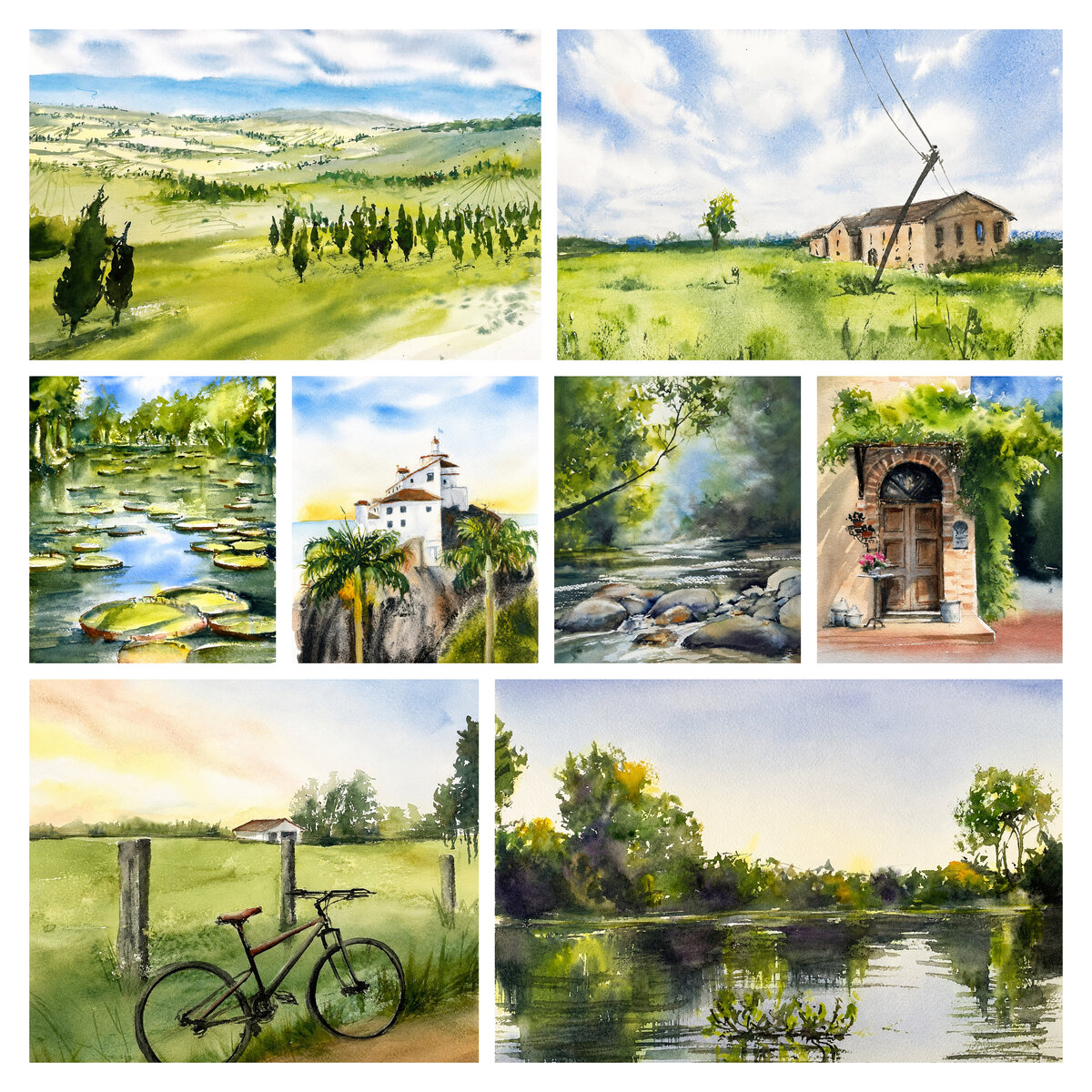 Living Greens & Quiet Landscapes course preview — watercolor landscapes by Raquel Falk